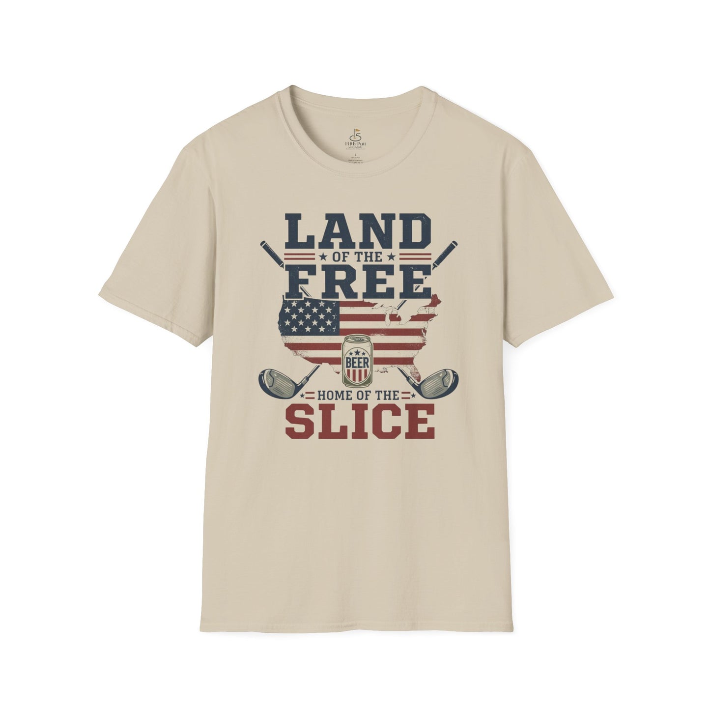 Land of the Free, Home of the Slice Golf T-Shirt — American Flag, Golf, & Beer Graphic