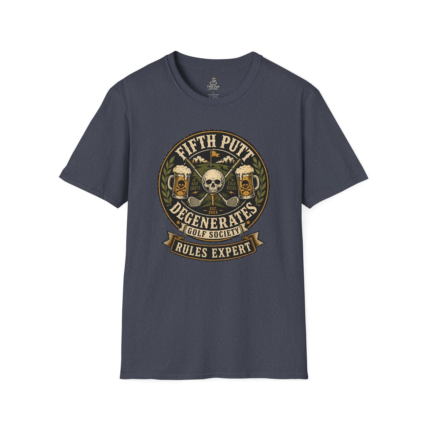 Golf Rules Expert T‑Shirt — Fifth Putt Degenerates Golf Society Skull Design