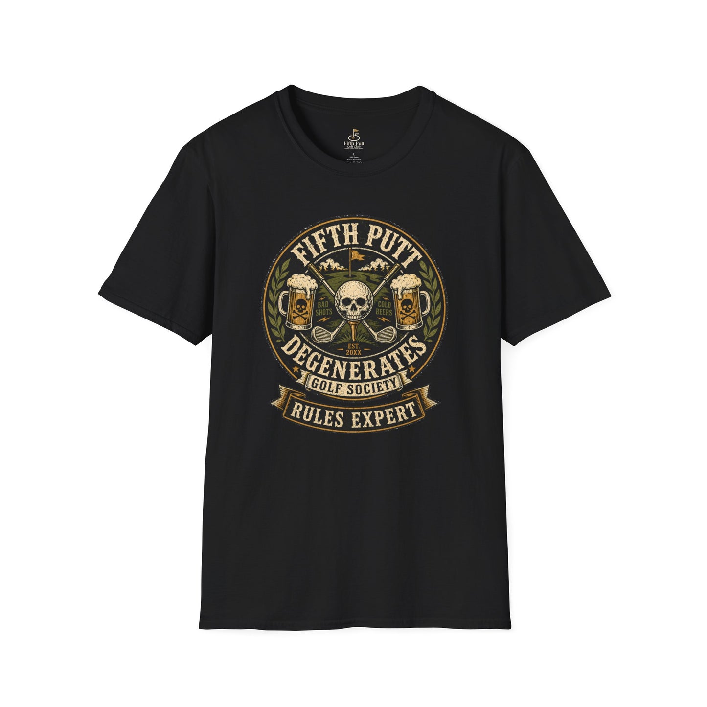 Golf Rules Expert T‑Shirt — Fifth Putt Degenerates Golf Society Skull Design