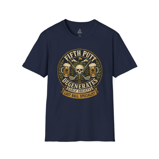 Golf T-Shirt — “Fifth Putt Degenerates” Lost Ball Specialists Skull Logo