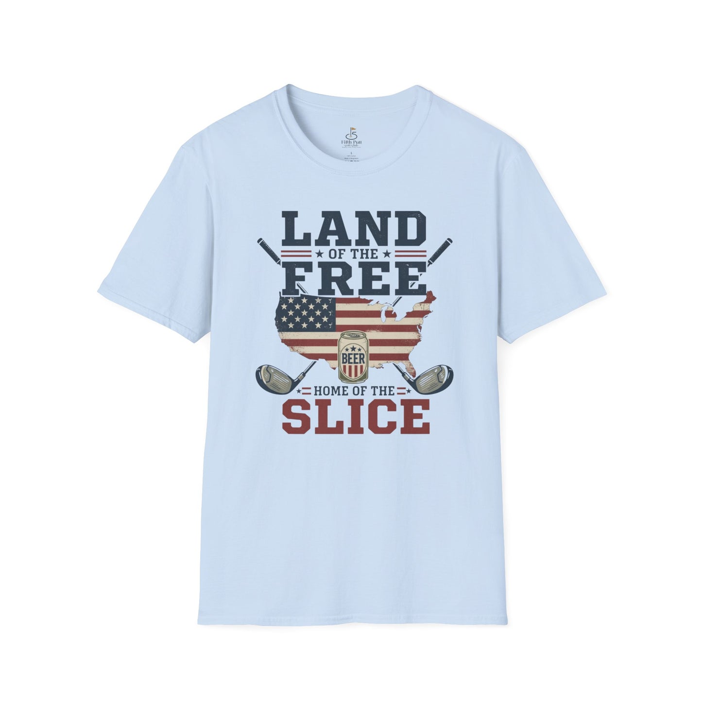 Land of the Free, Home of the Slice Golf T-Shirt — American Flag, Golf, & Beer Graphic