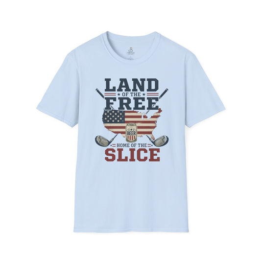 Land of the Free, Home of the Slice Golf T-Shirt — American Flag, Golf, & Beer Graphic