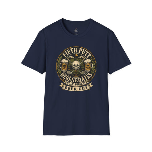 Beer Guy Golf T-Shirt — "Fifth Putt Degenerates" Skull & Beer Golfing Tee