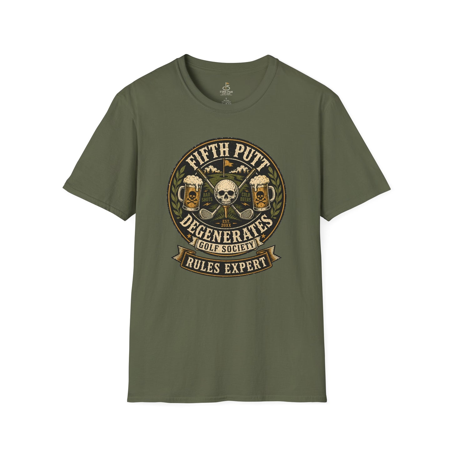 Golf Rules Expert T‑Shirt — Fifth Putt Degenerates Golf Society Skull Design