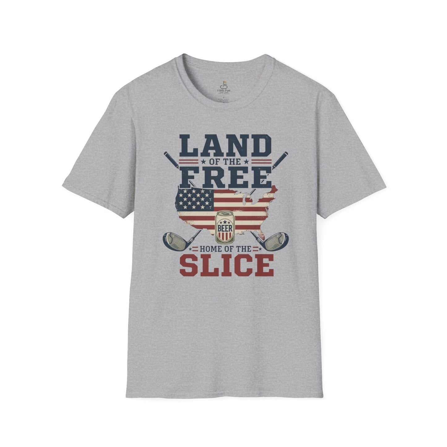 Land of the Free, Home of the Slice Golf T-Shirt — American Flag, Golf, & Beer Graphic