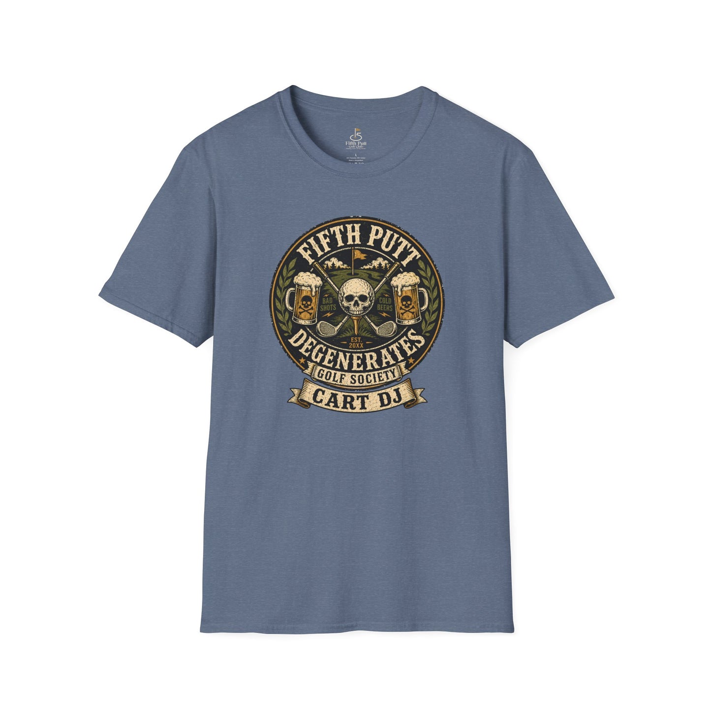 Golf Cart DJ T-Shirt — "Fifth Putt Degenerates" Skull Golf Club Tee