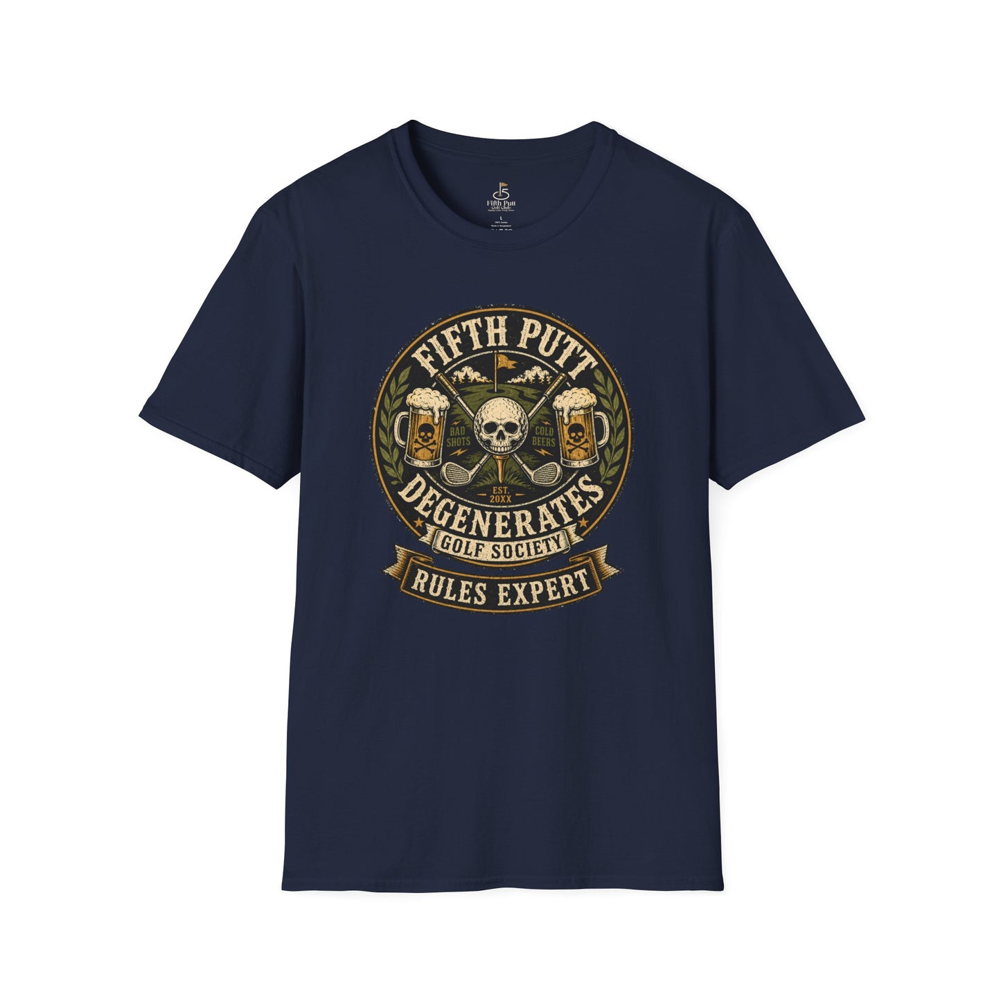 Golf Rules Expert T‑Shirt — Fifth Putt Degenerates Golf Society Skull Design