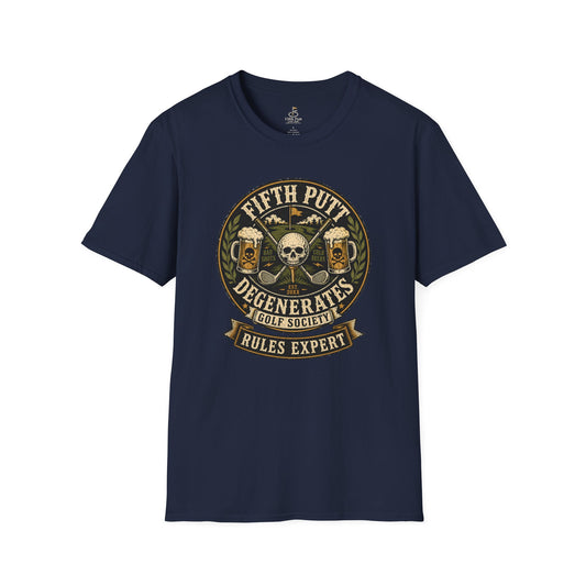 Golf Rules Expert T‑Shirt — Fifth Putt Degenerates Golf Society Skull Design