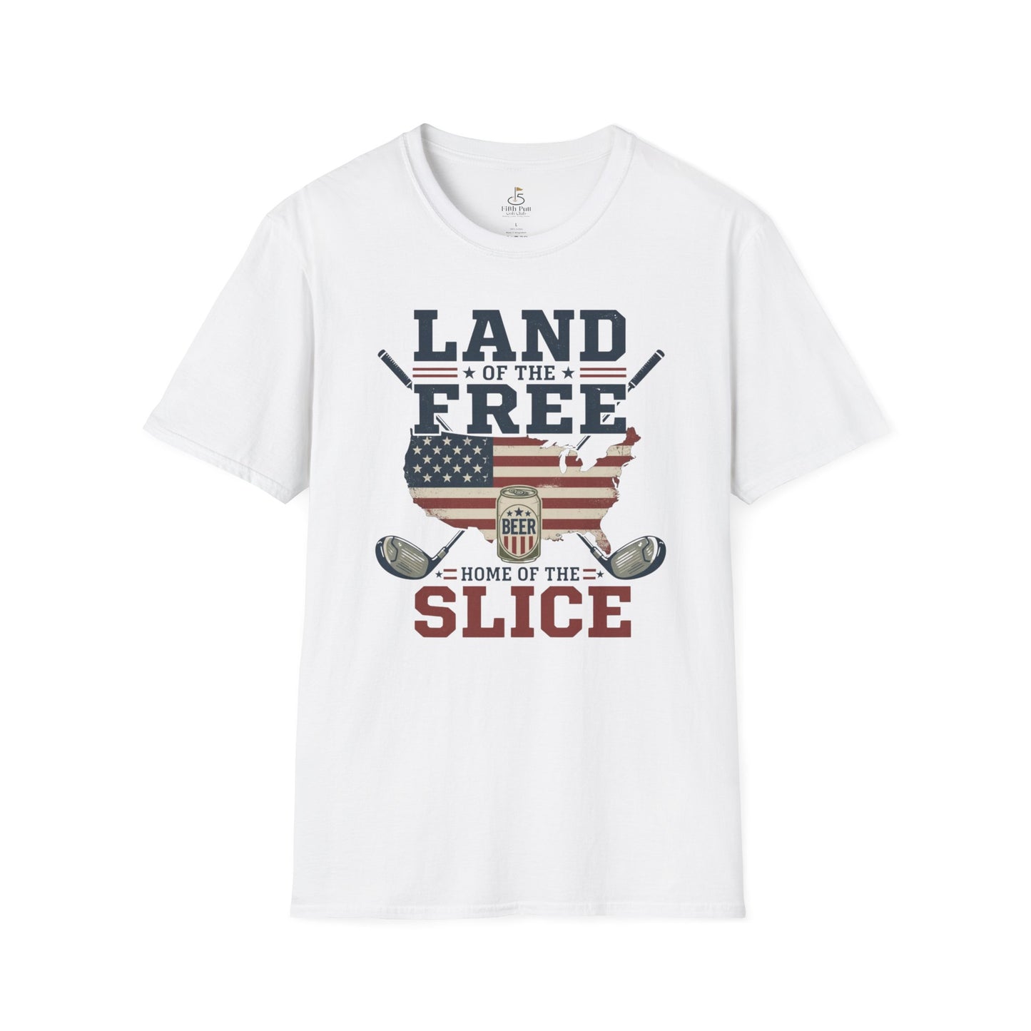Land of the Free, Home of the Slice Golf T-Shirt — American Flag, Golf, & Beer Graphic