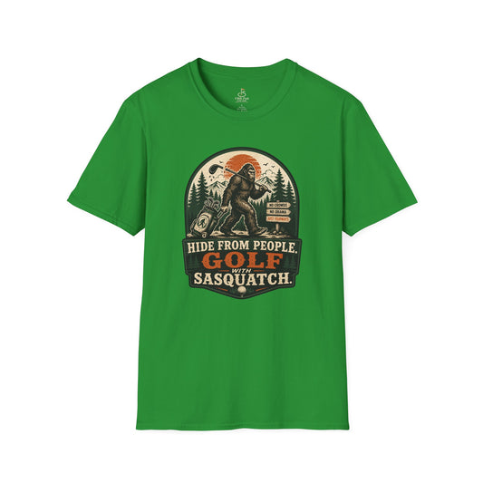 Golf With Sasquatch T-Shirt — "Hide From People" Funny Golfing Bigfoot Tee