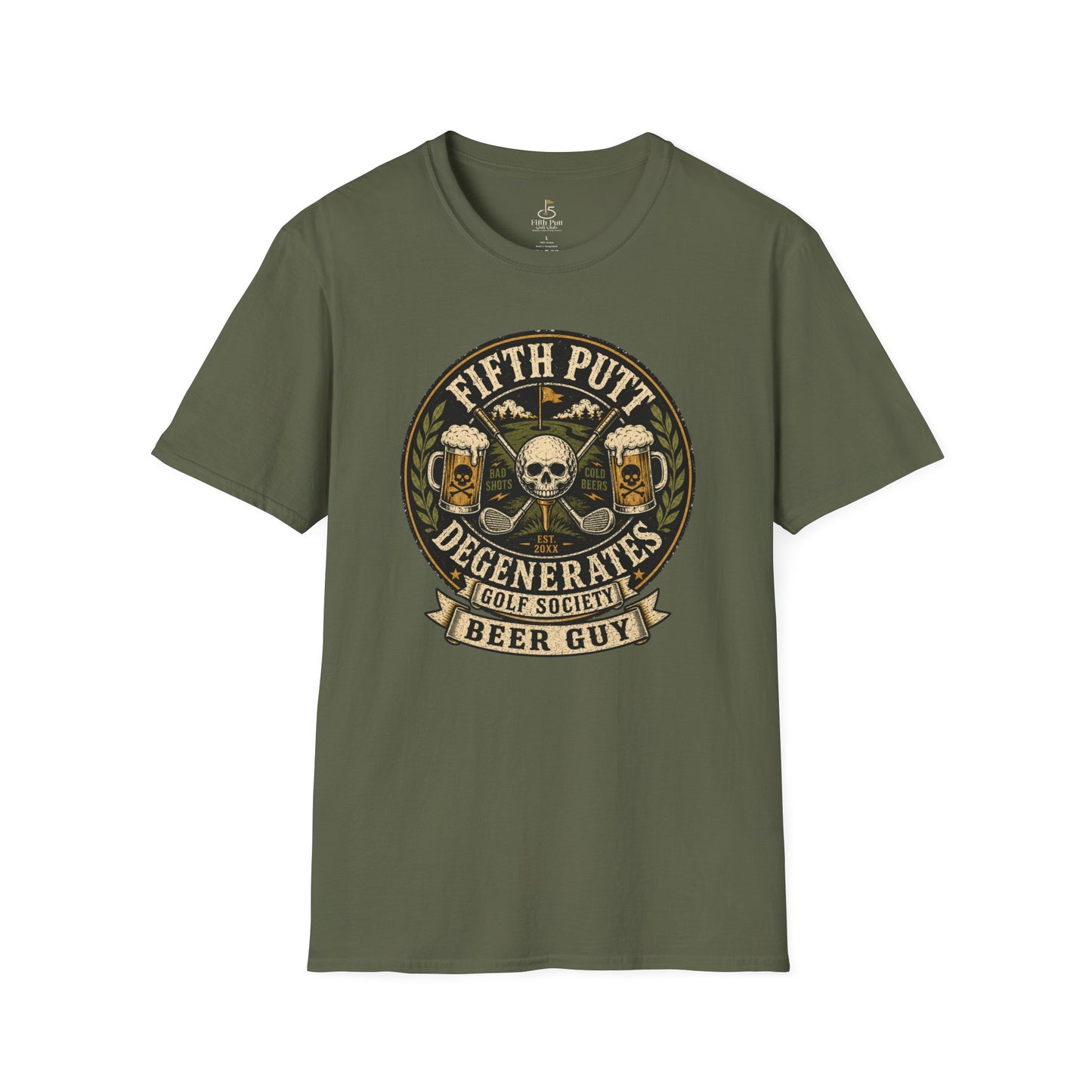Beer Guy Golf T-Shirt — "Fifth Putt Degenerates" Skull & Beer Golfing Tee