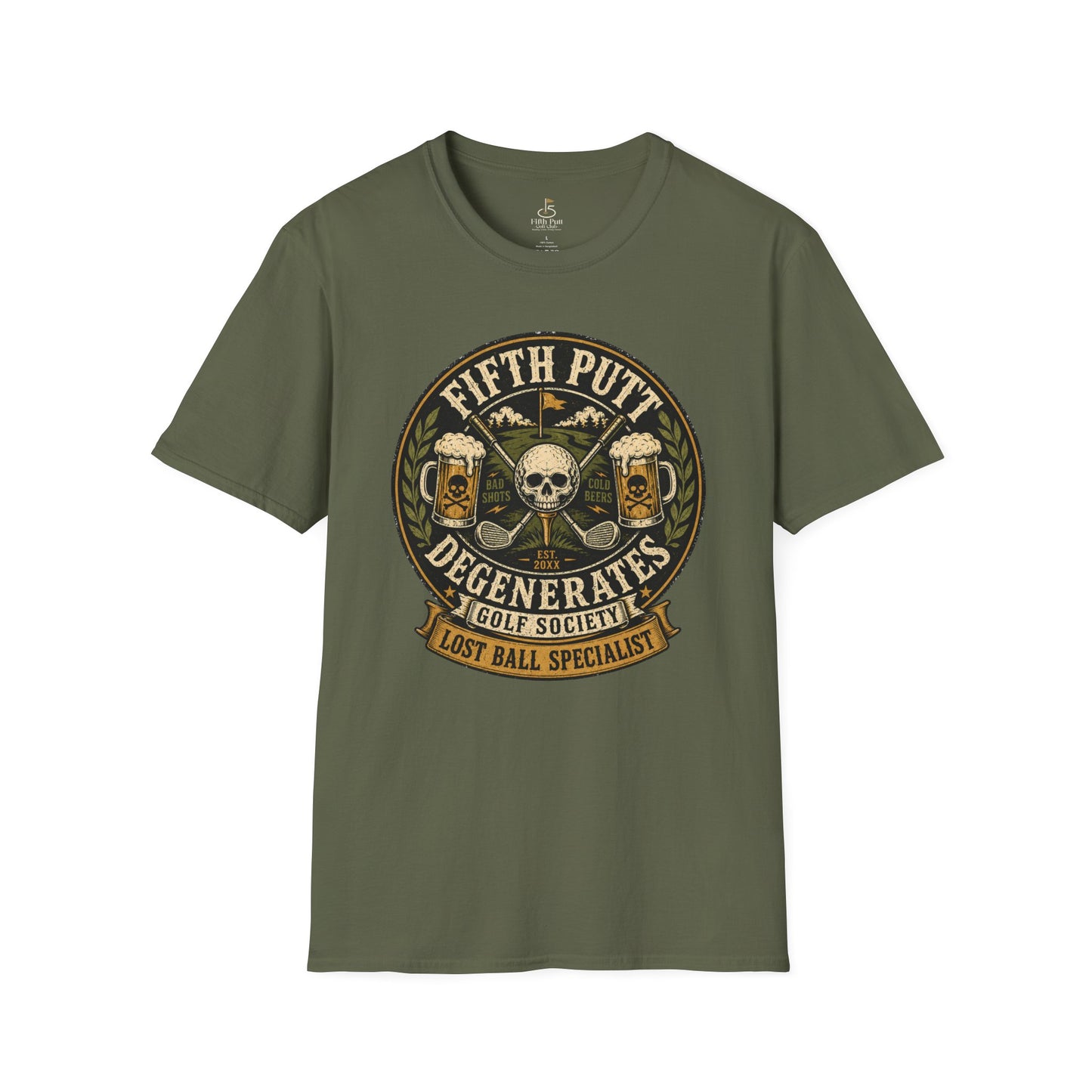 Golf T-Shirt — “Fifth Putt Degenerates” Lost Ball Specialists Skull Logo