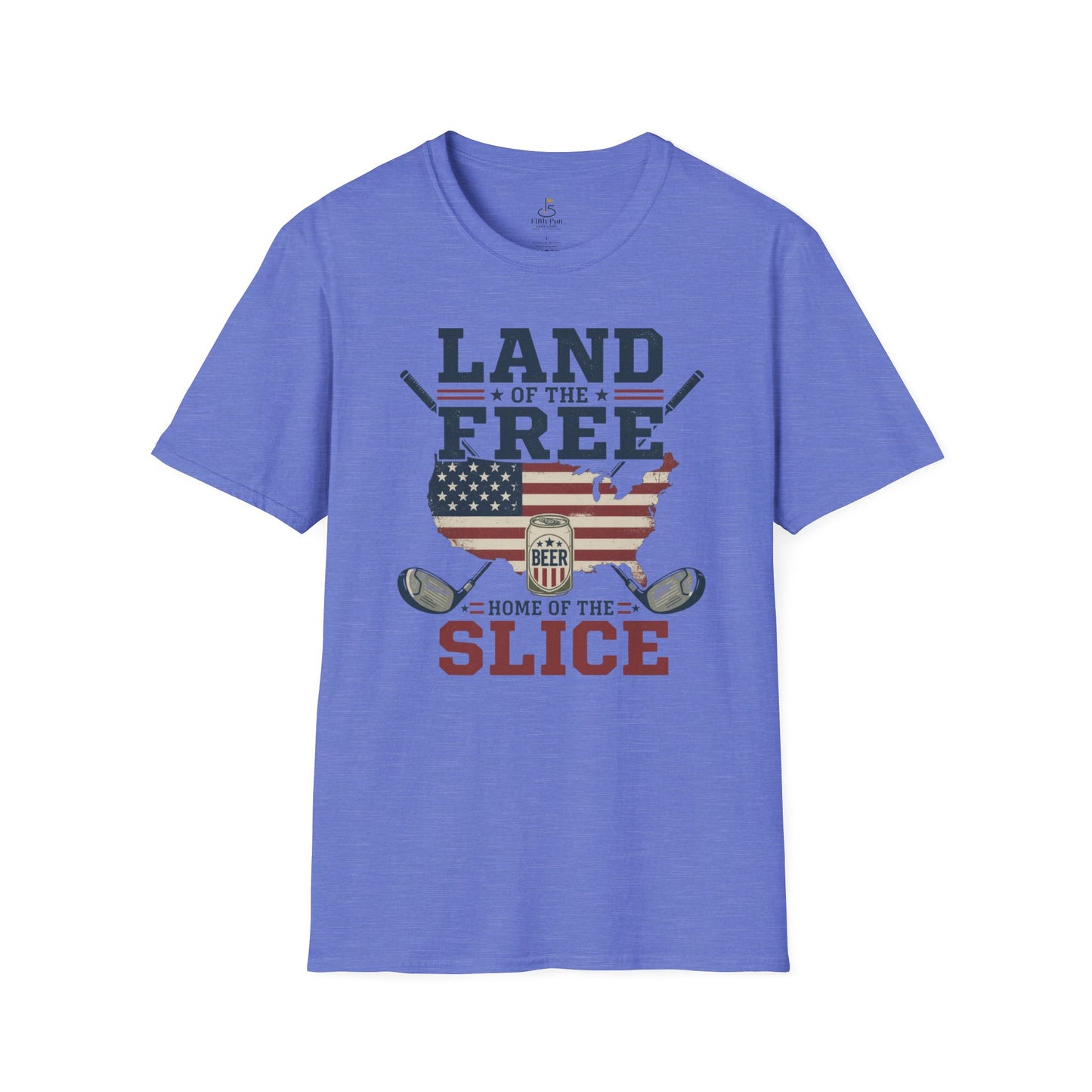 Land of the Free, Home of the Slice Golf T-Shirt — American Flag, Golf, & Beer Graphic