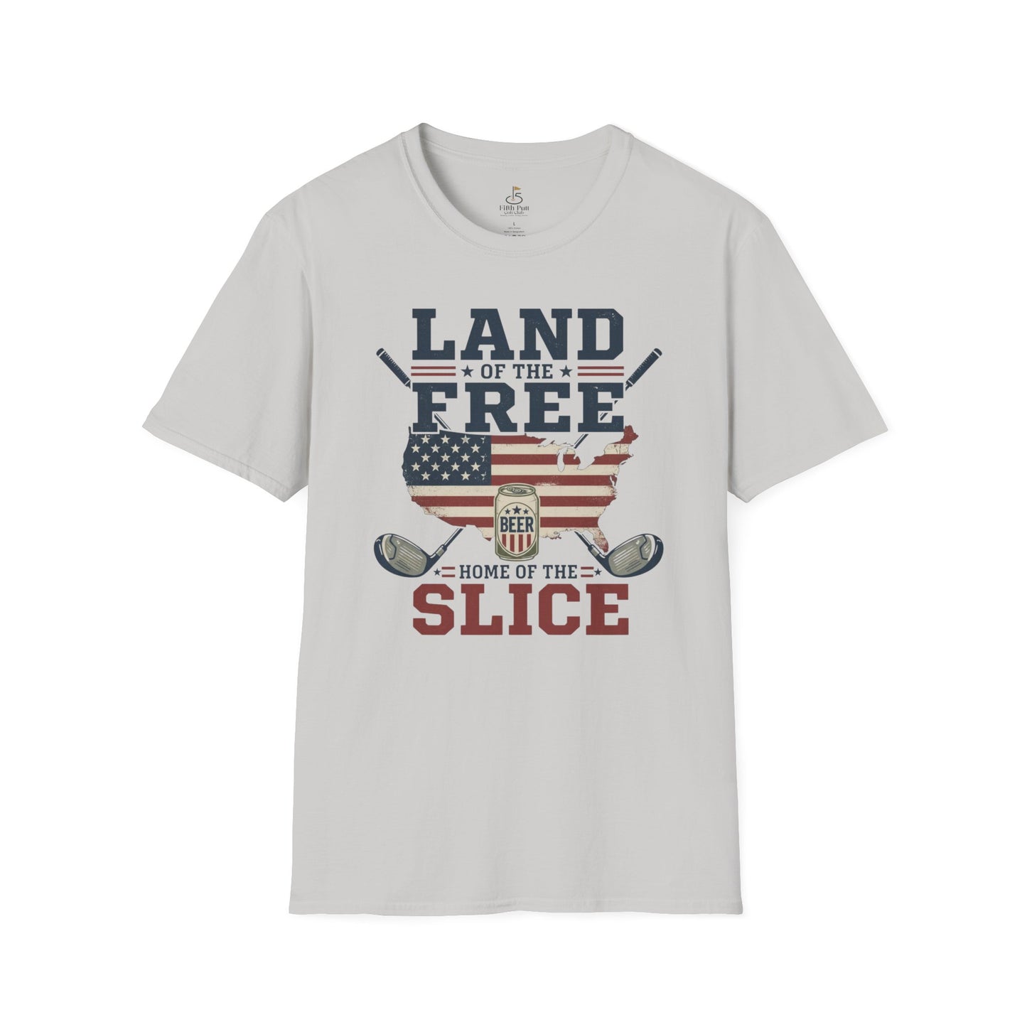 Land of the Free, Home of the Slice Golf T-Shirt — American Flag, Golf, & Beer Graphic