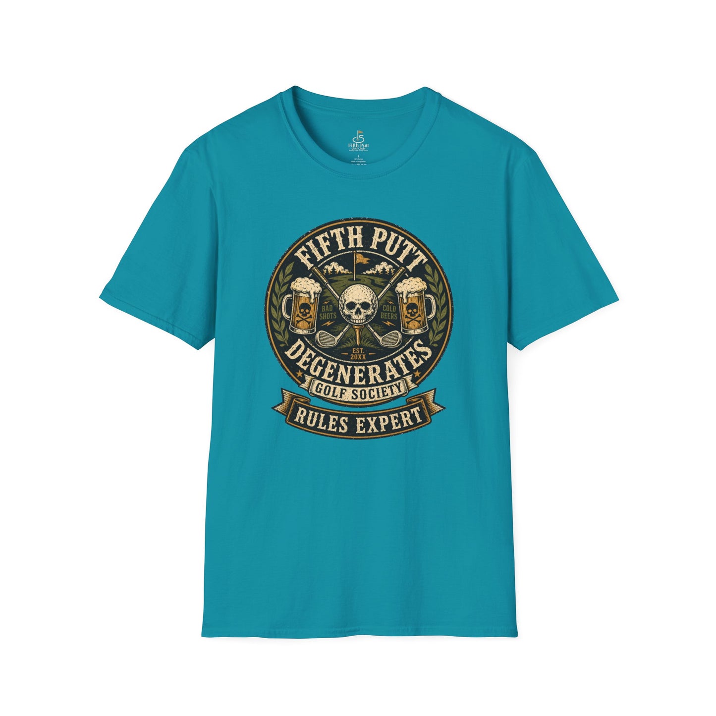 Golf Rules Expert T‑Shirt — Fifth Putt Degenerates Golf Society Skull Design