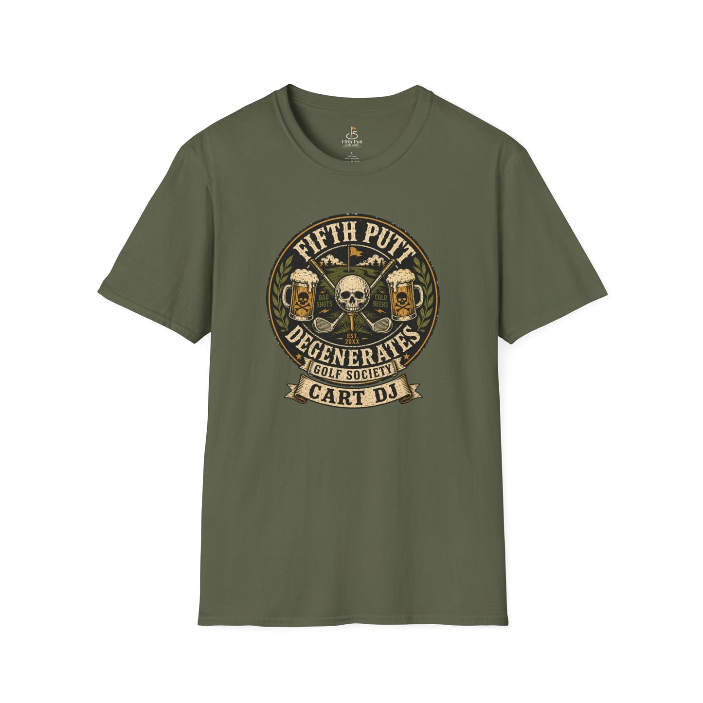 Golf Cart DJ T-Shirt — "Fifth Putt Degenerates" Skull Golf Club Tee