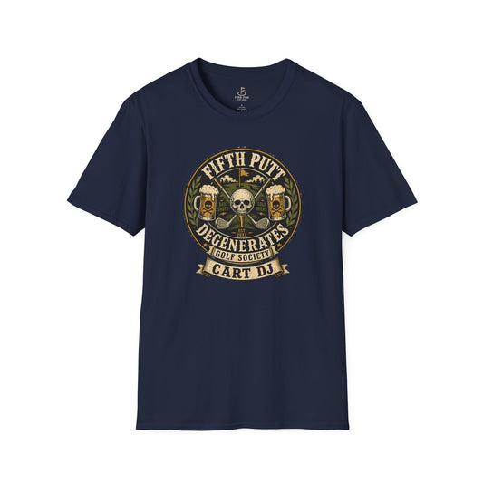 Golf Cart DJ T-Shirt — "Fifth Putt Degenerates" Skull Golf Club Tee