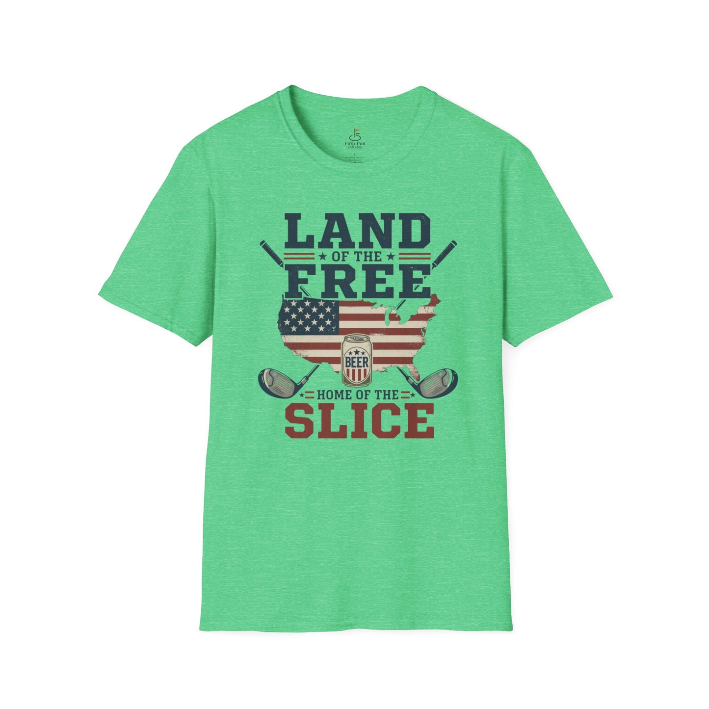 Land of the Free, Home of the Slice Golf T-Shirt — American Flag, Golf, & Beer Graphic