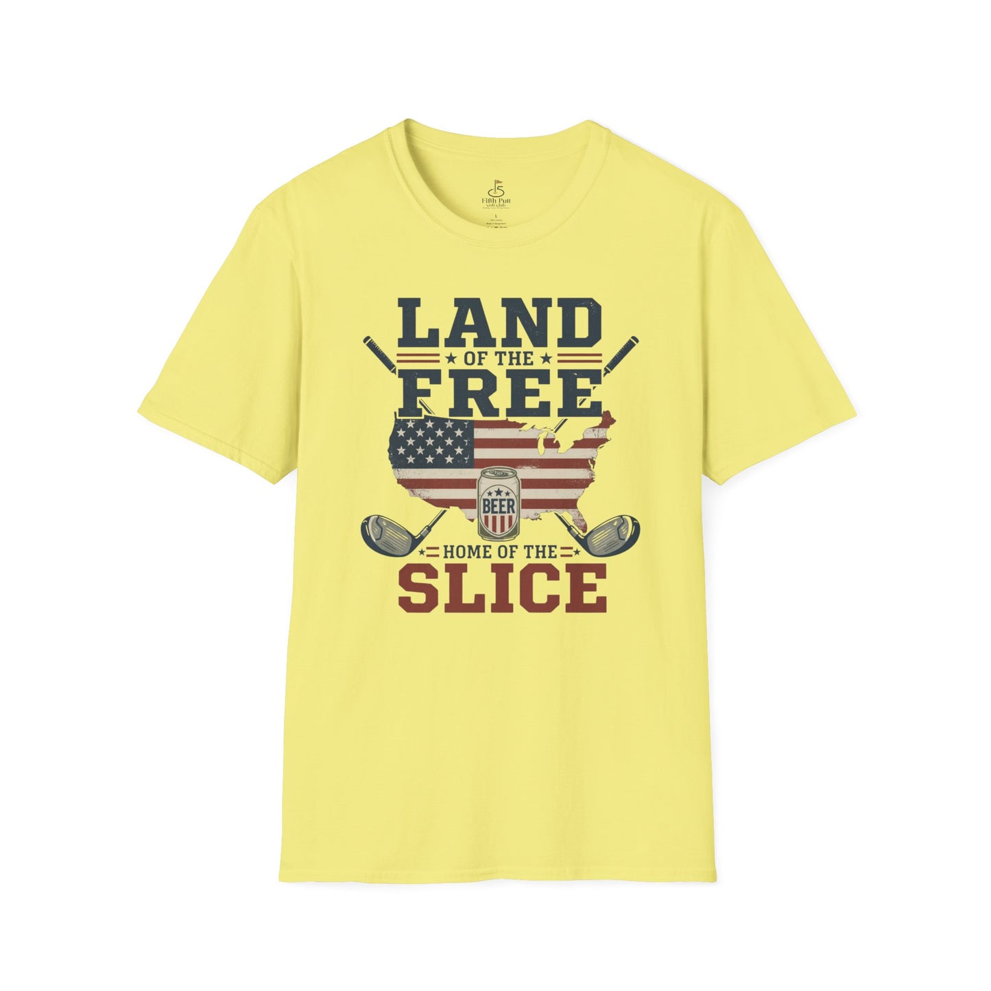 Land of the Free, Home of the Slice Golf T-Shirt — American Flag, Golf, & Beer Graphic